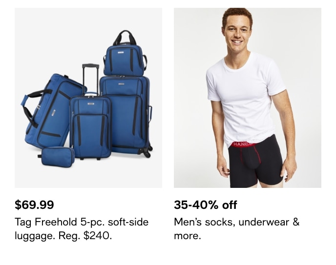 $69.99, Tag Freehold 5-Pc. Soft-Side Luggage, Reg. $240, 35-40% Off, Men's Socks, Underwear & More